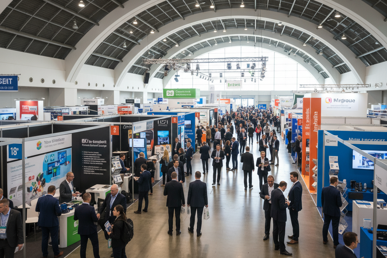 Hyper realistic busy conference with lots of stalls