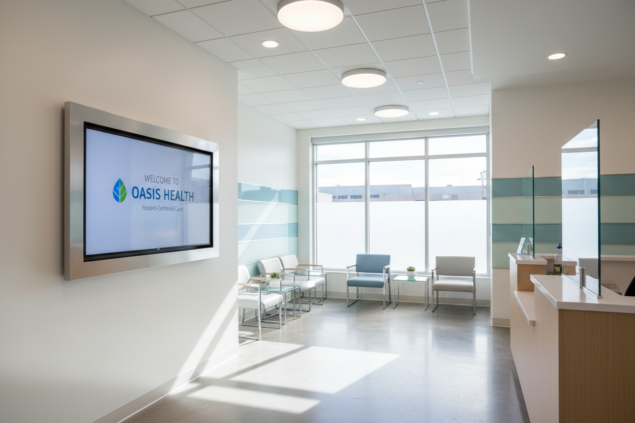 hyper realistic imagine of inside a health clinic part looking out the window with a board on the wall