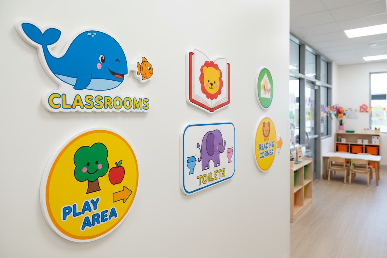 hyperrealistic image of a early years wayfinding graphics