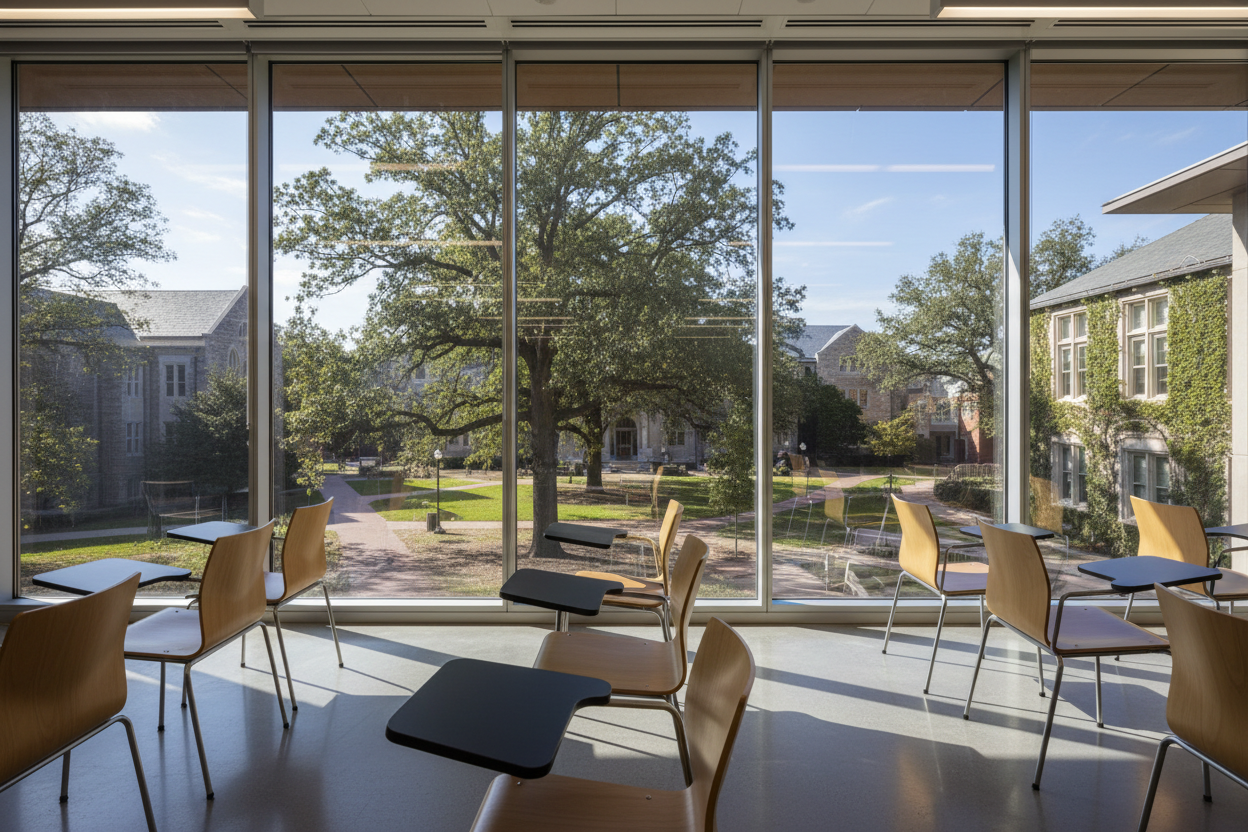 view from inside the classroom looking out 